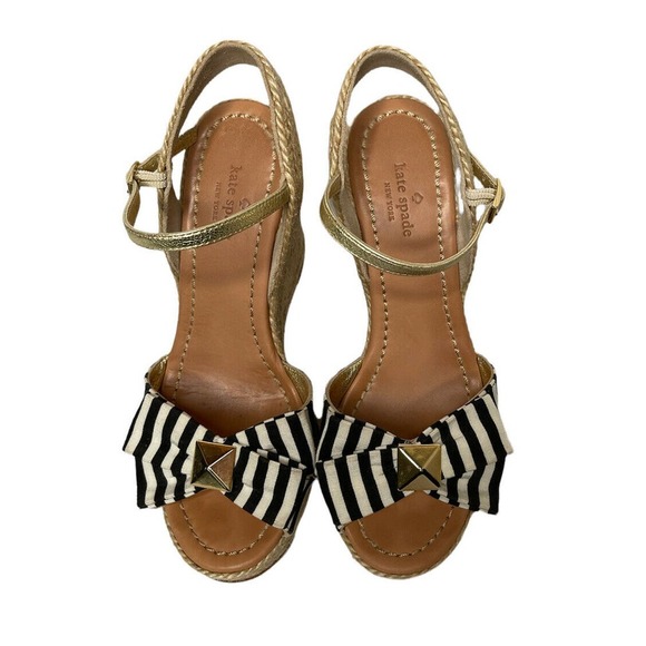 Kate Spade Carmelita Black White Stripe Bow Espadrille Nautical Wedge Sandals 7 - Picture 8 of 12